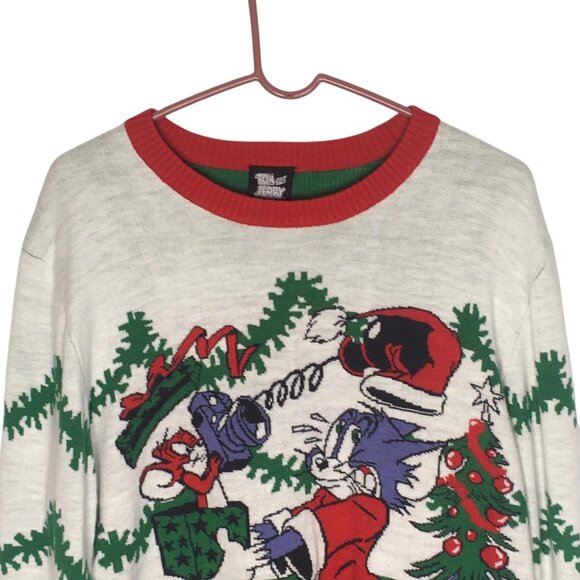 Tom and Jerry Sweater Mens Large Green Red Christmas Ugly Crewneck Pullover - Picture 3 of 15